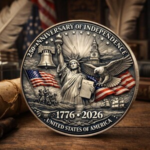 Pode incluir: Uma moeda de prata comemorando o 250&ordm; anivers&aacute;rio da Independ&ecirc;ncia. A moeda apresenta a Est&aacute;tua da Liberdade, uma bandeira americana, uma &aacute;guia e o Sino da Liberdade. O texto diz "1776-2026" e "United States of America."