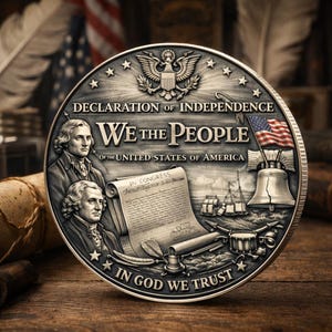 Pode incluir: Uma moeda comemorativa prateada com o texto "Declaration of Independence" e "We the People". A moeda apresenta retratos, uma bandeira americana, o Sino da Liberdade e a frase "In God We Trust".