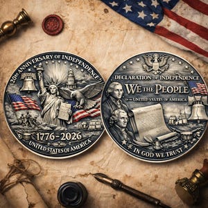Pode incluir: Duas moedas comemorativas celebrando o 250&ordm; anivers&aacute;rio dos Estados Unidos da Am&eacute;rica. Uma moeda apresenta a Est&aacute;tua da Liberdade, uma &aacute;guia e a bandeira americana. A outra moeda mostra a Declara&ccedil;&atilde;o de Independ&ecirc;ncia e retratos.