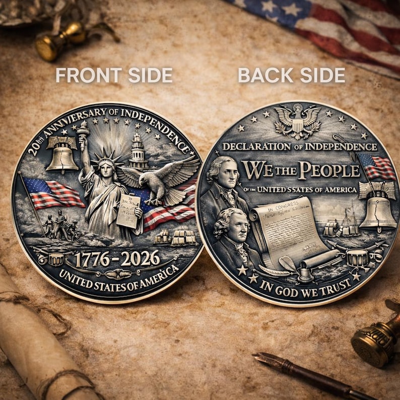 Pode incluir: Uma moeda comemorativa detalhada mostrando os lados frontal e traseiro. O lado frontal mostra a Est&aacute;tua da Liberdade, uma &aacute;guia e bandeiras americanas, com o texto "20th Anniversary of Independence 1776-2026". O verso mostra a Declara&ccedil;&atilde;o de Independ&ecirc;ncia.