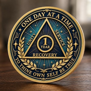 Peut inclure: Un médaillon de récupération circulaire doré et bleu avec un triangle central portant le chiffre 1 et le mot YEAR. Le texte ONE DAY AT A TIME et TO THINE OWN SELF BE TRUE entoure le bord, avec UNITY, SERVICE et RECOVERY inscrits.