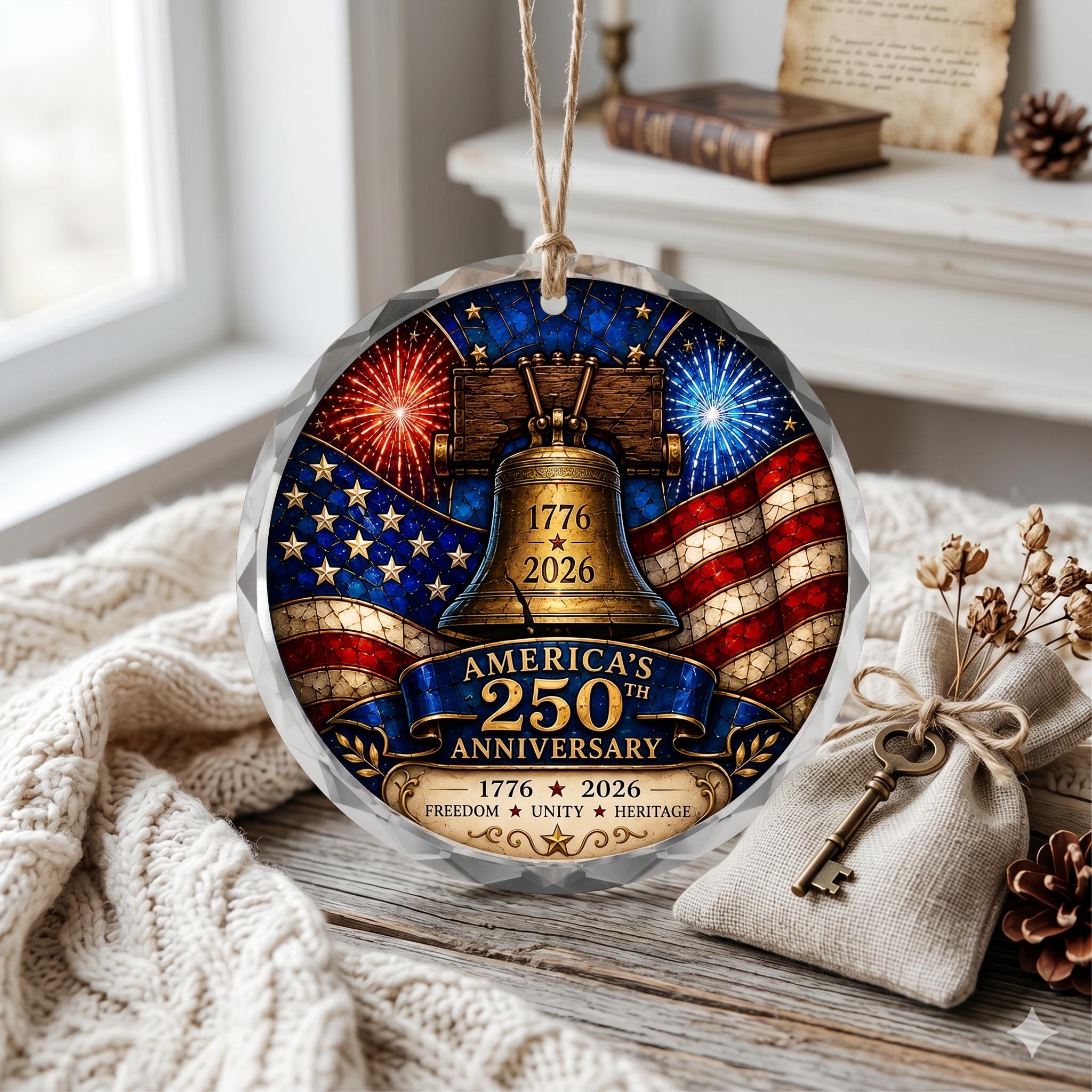 America 250th Anniversary Ornament, Liberty Bell Patriotic Flag