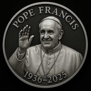 Op de afbeelding: Een zilveren munt met een portret van paus Franciscus, de tekst "Pope Francis" rond de rand en de data "1936-2025" onderaan.