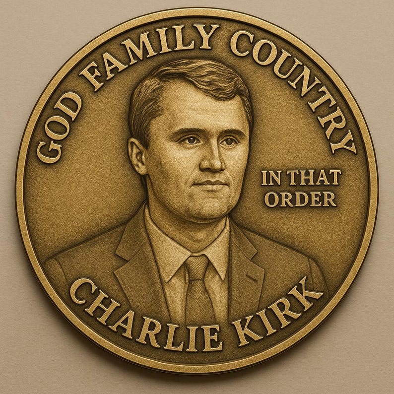 May include: A bronze-colored coin featuring a portrait of Charlie Kirk. The coin's edge reads "GOD FAMILY COUNTRY" and "CHARLIE KIRK" with the phrase "IN THAT ORDER" in the center.