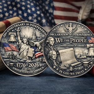 Pode incluir: Duas moedas comemorativas de prata. Uma moeda apresenta a Est&aacute;tua da Liberdade, uma &aacute;guia e a bandeira americana, com o texto "20th Anniversary of Independence" e "1776-2026". A outra moeda mostra retratos de figuras hist&oacute;ricas, a Declara&ccedil;&atilde;o de Independ&ecirc;ncia e o texto "We the People".