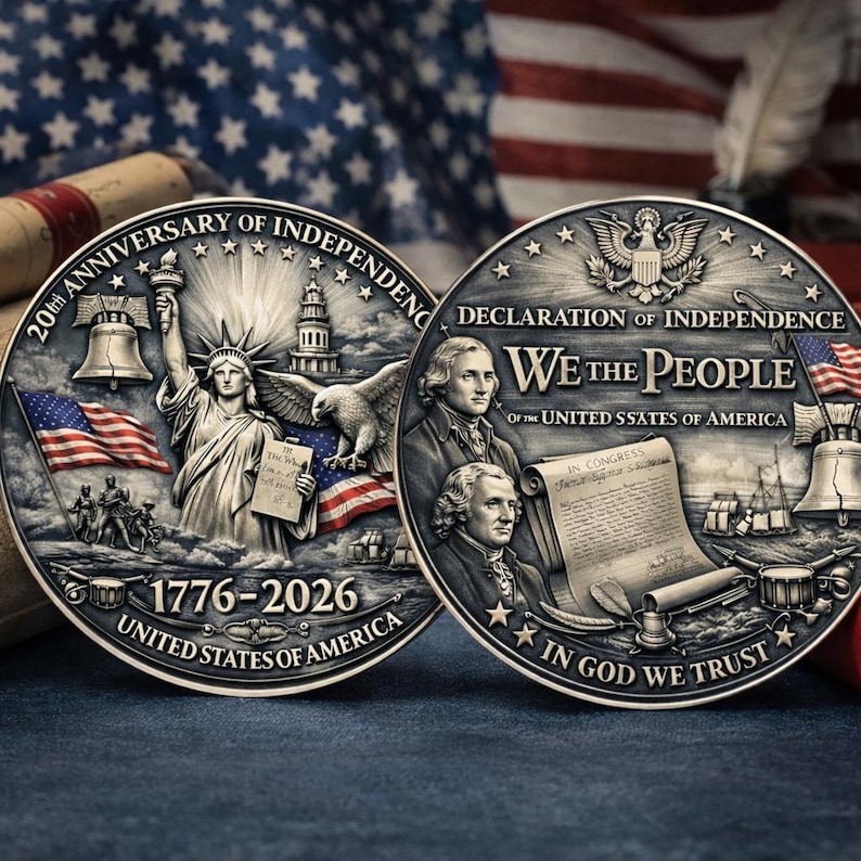 Pode incluir: Duas moedas comemorativas de prata. Uma moeda apresenta a Est&aacute;tua da Liberdade, uma &aacute;guia e a bandeira americana, com o texto "20th Anniversary of Independence" e "1776-2026". A outra moeda mostra retratos de figuras hist&oacute;ricas, a Declara&ccedil;&atilde;o de Independ&ecirc;ncia e o texto "We the People".