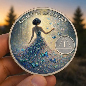 May include: A round silver coin with the words "GRACE IN RECOVERY" encircling a central image. The image depicts a woman in a flowing gown with butterflies. A triangle with the number "I" is on the right side of the coin.