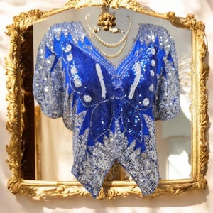 Vintage Butterfly Sequin Top* 100% Silk Sequin Top* Royal Blue and Silver Evening Formal Top* Black Tie Attire* Size Small