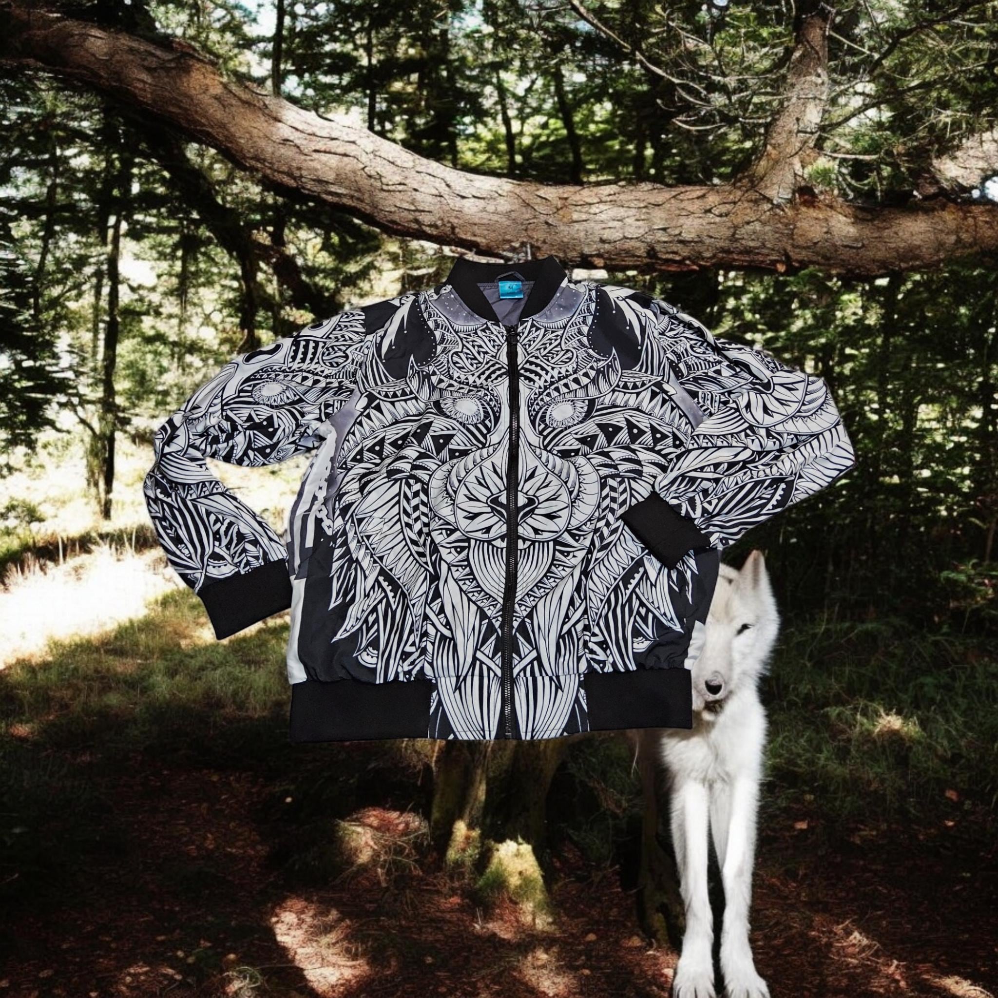 Wolf Jacket* Black and White Jacket* Custom Made Wolf Bomber Style Jacket* Aztec Jacket* Man Medium* Woman Large