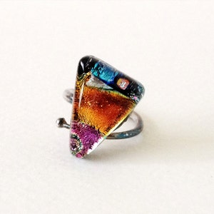 Vintage fused dichroic glass silver ring