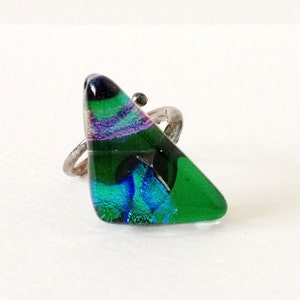Vintage fused dichroic glass silver ring - larger
