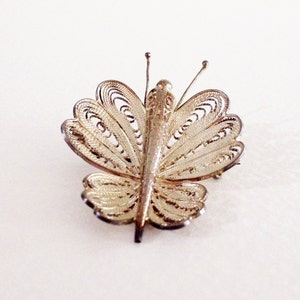 May include: A silver filigree butterfly brooch with intricate details. The wings are delicate and have a lacy appearance.