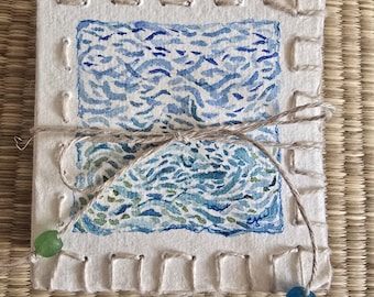 Tiny Khadi Cotton Concertina Sketchbook, Seaside Watercolor Cover, Mixed Media Journal