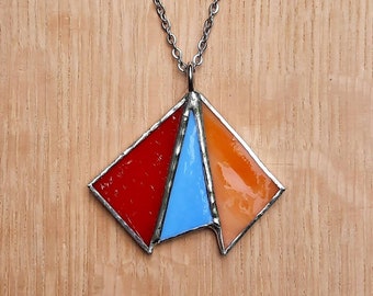 Red blue and orange stained glass pendant necklace with a 24" stainless steel chain by Indiana Artisan DeMaris Glazier free shipping!