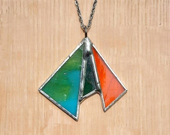 Stained glass pendant necklace in teal and orange with 24" stainless steel chain by Indiana Artisan DeMaris Glazier free shipping!