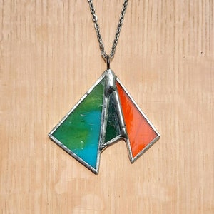 Stained glass pendant necklace in teal and orange with 24" stainless steel chain by Indiana Artisan DeMaris Glazier free shipping!