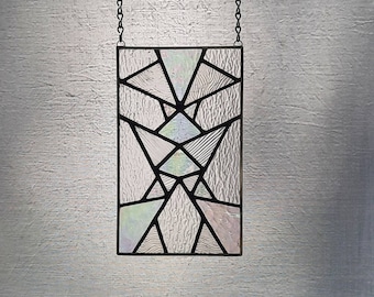 Stained glass window panel, original design, abstract art, clear textured iridescent glass, 5 x 8.75, free shipping!