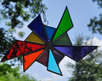 Stained glass suncatcher rainbow colors ornament window charm Pride colors small gift by Indiana Artisan DeMaris Glazier free shipping!