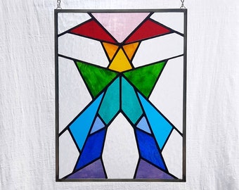 Stained glass window panel, original design, 10 x 13.5, rainbow colors, happy modern art, free shipping!