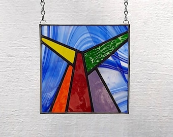 Small stained glass window panel, original design  abstract art, rainbow colors 5.5 x 5.5, free shipping!