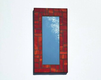 Red stained glass mosaic mirror, made with Spectrum glass, 6.5" x 12" small accent mirror, custom size available, free shipping!