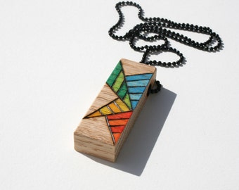 Oak Pendant Necklace, Original Art, Prismacolor Pencil, One of a Kind Jewelry, Wood Burned, Pyrography