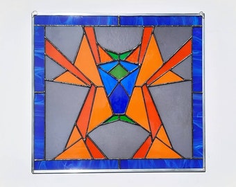 Stained glass window panel, 14.5 x 15.5, original design, abstract contemporary design by DeMaris Glazier, free shipping!