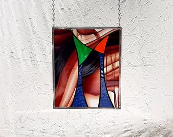 Small stained glass window panel, glass art, abstract, 8.5 x 10, free shipping!