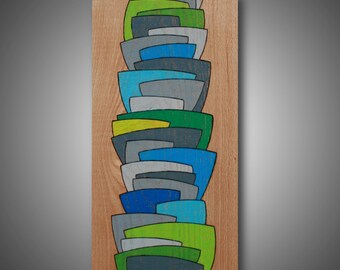 Visiting Iceland: Original Abstract Modern Art - Pyrography - Colored with Prismacolor Pencils - 9.5" x 18"