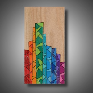 Medios mixtos Arte abstracto original, "Diferencias de opinión", Pirografía, quema de madera, lápiz Prismacolor, 7.5" x 14.25"