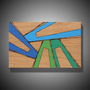 The Moving Earth: Original Abstract Modern Art on Red Oak Panel Pyrography Prismacolor Pencil Affordable Art Blue, Green 5.5 x 8 image 1
