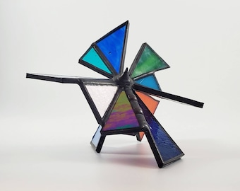 Colorful stained glass sculpture by Indiana Artisan DeMaris Gaunt, one of a kind, free shipping!