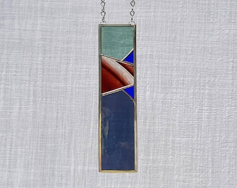 Mini stained glass window panel abstract suncatcher leaded glass ornament by Indiana Artisan DeMaris Glazier 2.25 x 8.5 free shipping!