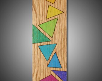 Woodburned Triangle Art: Prismacolor Abstract on Red Oak