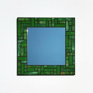 Leaf green stained glass mosaic mirror featuring Spectrum and Kokomo Glass - 12" x 12" handmade by DeMaris