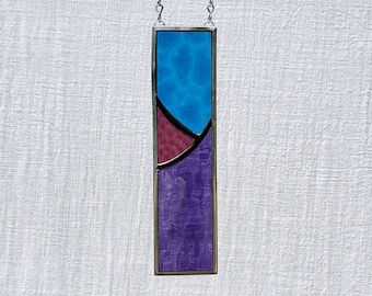 Mini stained glass window panel suncatcher glass art window hanging 2.25 x 8.5 purple and turquoise free shipping!