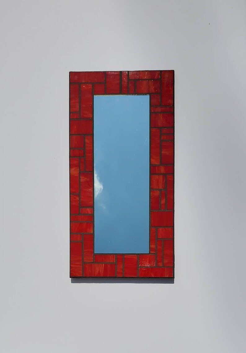 Bright Red Stained Glass Mosaic Mirror Made With Spectrum 8 X 16 Handmade Accent Wall Free