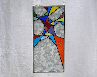 Stained glass window panel abstract original design great gift by DeMaris Glazier 7 x 15 free shipping