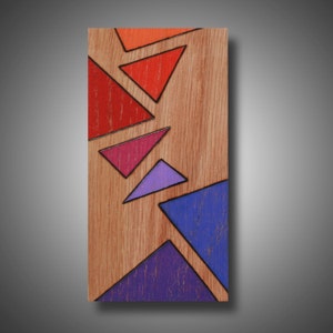 Epic Calm: Pequeño panel de arte sobre roble - Moderno, arte contemporáneo - Diseño original - Madera quemada - Coloreada con lápices Prismacolor - 3.5" x 7"