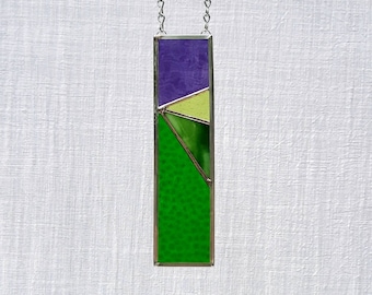 Mini stained glass window panel abstract suncatcher glass art window hanging green and purple 2.25 x 8.5 free shipping!