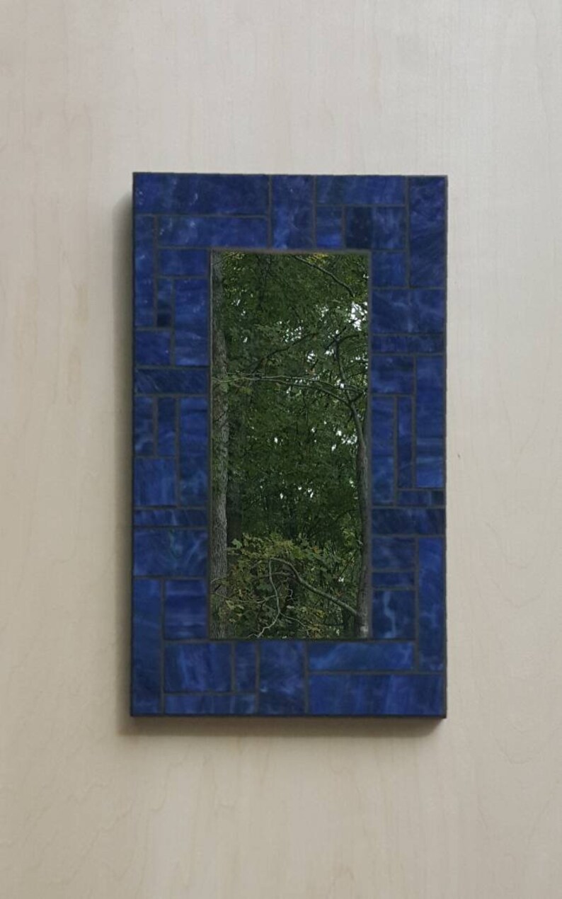 Navy Blue Stained Glass Mosaic Mirror Accent 8 X 14 Handmade Home Decor Free
