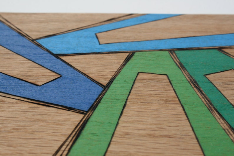 The Moving Earth: Original Abstract Modern Art on Red Oak Panel Pyrography Prismacolor Pencil Affordable Art Blue, Green 5.5 x 8 image 5