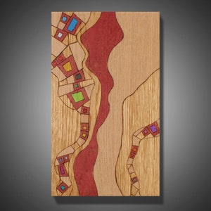 Arte abstracto en madera: diseño con lápiz Prismacolor sobre roble rojo