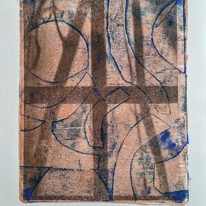 May include: Abstract art print with brown and blue lines and shapes on a beige background. The print is signed "Fabbriano" in the bottom right corner.
