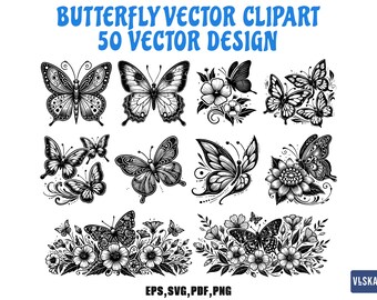 May include: Black and white butterfly vector clipart with 50 designs. The image features various butterfly illustrations, some with floral elements. The text "BUTTERFLY VECTOR CLIPART 50 VECTOR DESIGN" is at the top.