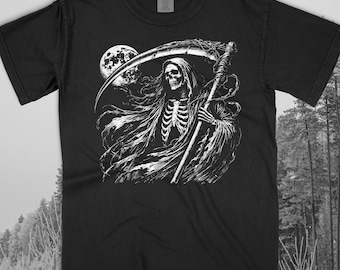 Camiseta vintage de arte oscuro con colores cómodos / Camiseta con gráfico de metal gótico de la Parca / Camiseta de estética rockera para metaleros y estilo alternativo