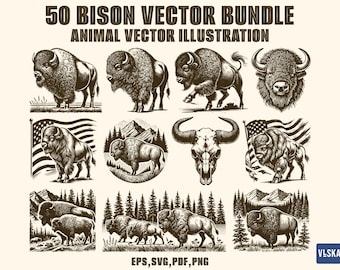 Paquete de 50 imágenes vectoriales SVG de bisonte retro / Imágenes prediseñadas vectoriales de búfalo rústico para camisetas, pegatinas, pósteres y decoración / Archivos de vida silvestre SVG, PNG, EPS y PDF