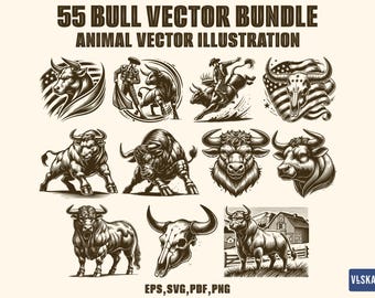 55 Bull SVG Vector Bundle - Retro Animal SVG Clipart for T-Shirt Printing, Rodeo Decor, Badge Design, Sticker, Sublimation