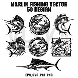 May include: A set of 5 black and white vector illustrations of marlin fish. The illustrations feature a marlin jumping out of the water, a marlin being caught by a fisherman, and a marlin swimming in the ocean. The text "MARLIN FISHING VECTOR 50 DESIGN" is at the top of the image. The text "EPS, SVG, PDF, PNG" is at the bottom of the image.