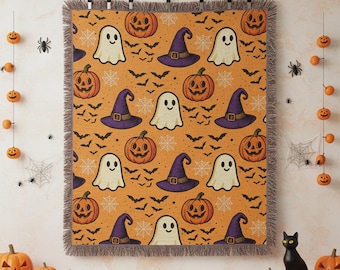 Halloween Woven Blanket, Spooky Woven Throw Blanket, Halloween Decor, Vintage Halloween Tapestry, Cozy Fall Gift, Halloween Surprise Present